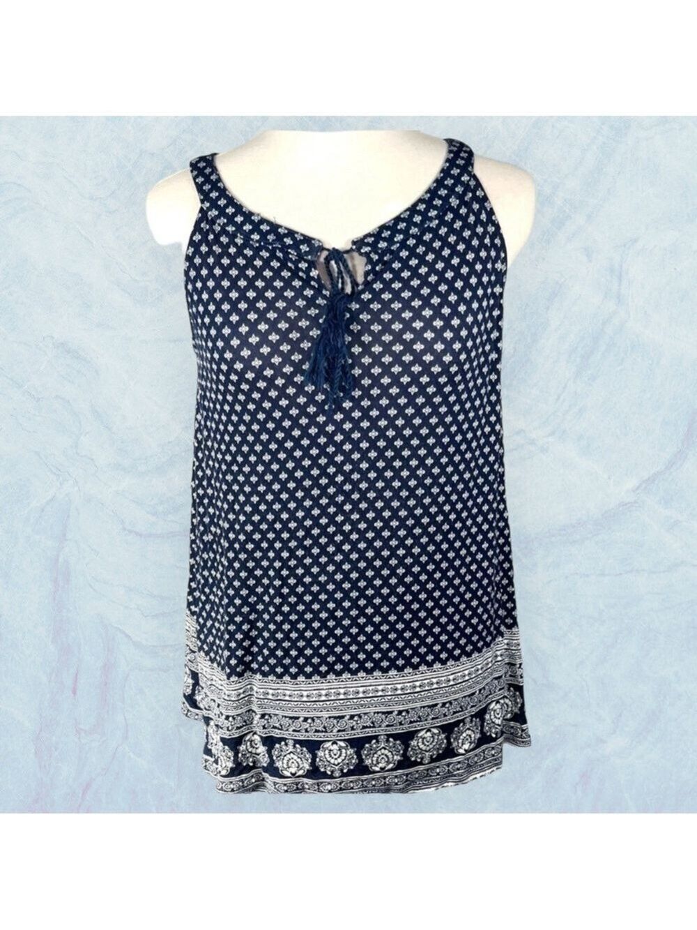 Lily Morgan boho tank top boat neck damask navy blue white tassels Size S